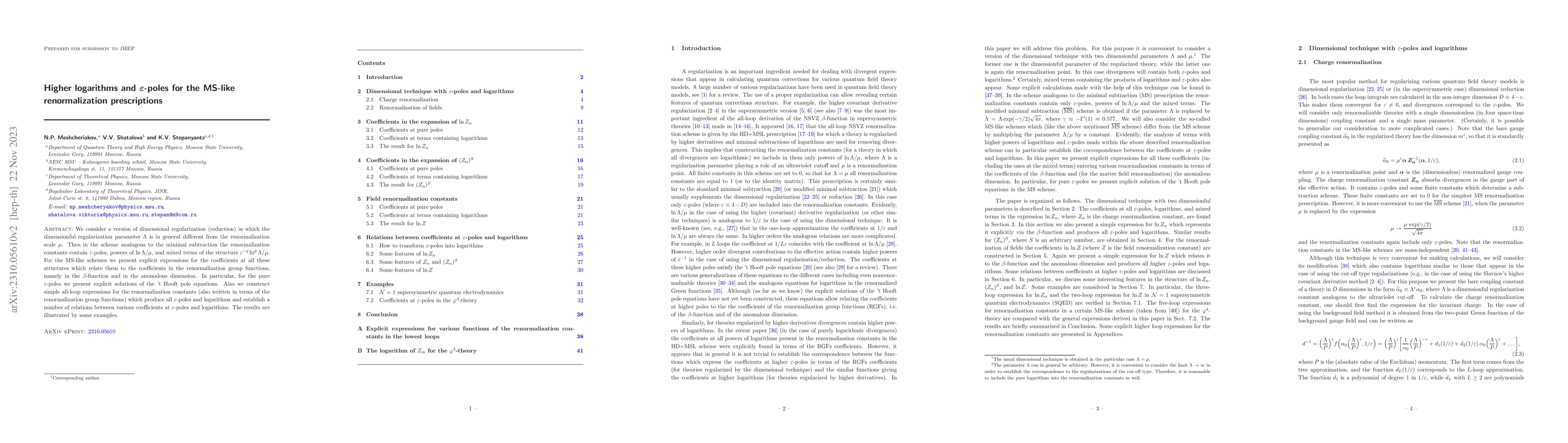 Thumbnail for Higher logarithms and $\varepsilon$-poles for the MS-like
  renormalization prescriptions