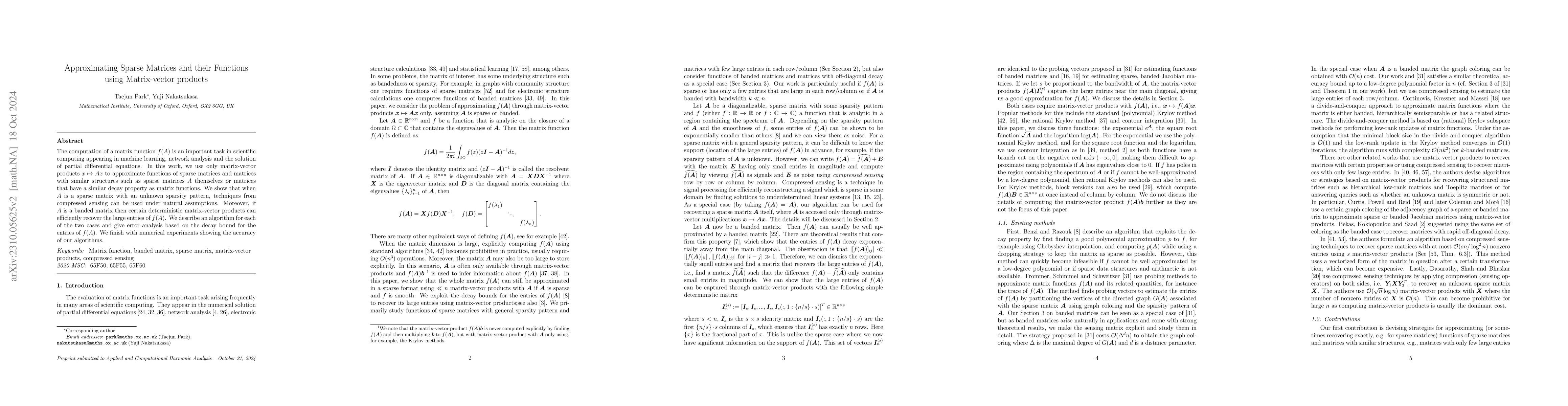 Thumbnail for Approximating Sparse Matrices and their Functions using Matrix-vector
  products