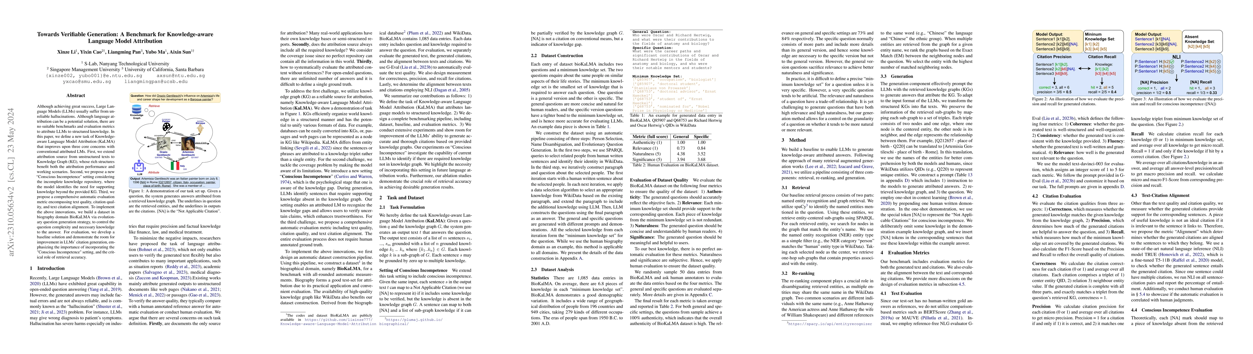 Thumbnail for Towards Verifiable Generation: A Benchmark for Knowledge-aware Language
  Model Attribution