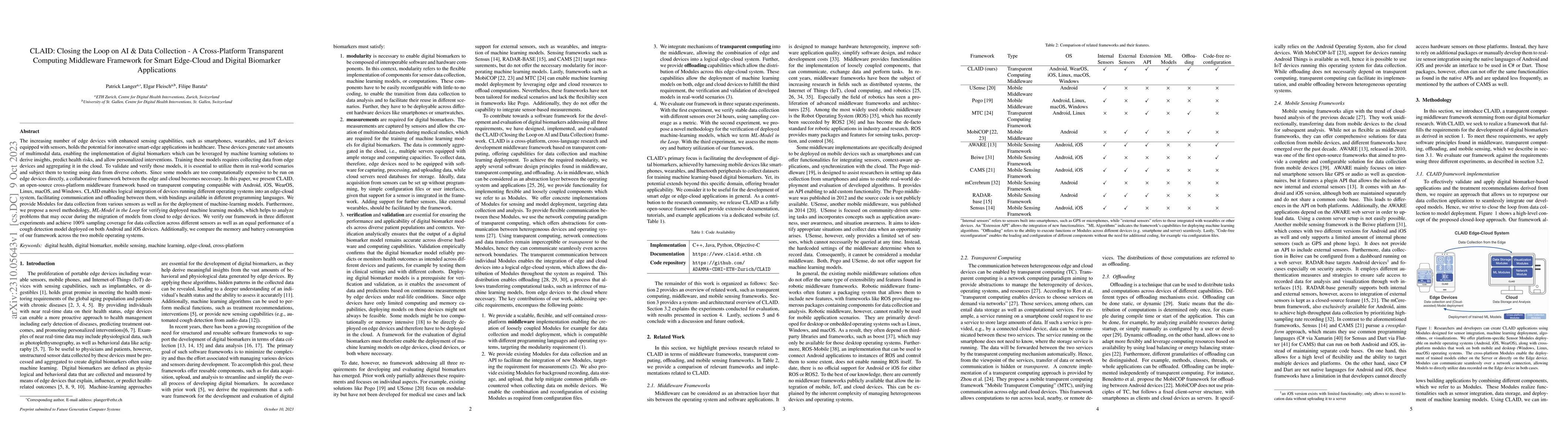 Thumbnail for CLAID: Closing the Loop on AI & Data Collection -- A Cross-Platform
  Transparent Computing Middleware Framework for Smart Edge-Cloud and Digital
  Biomarker Applications