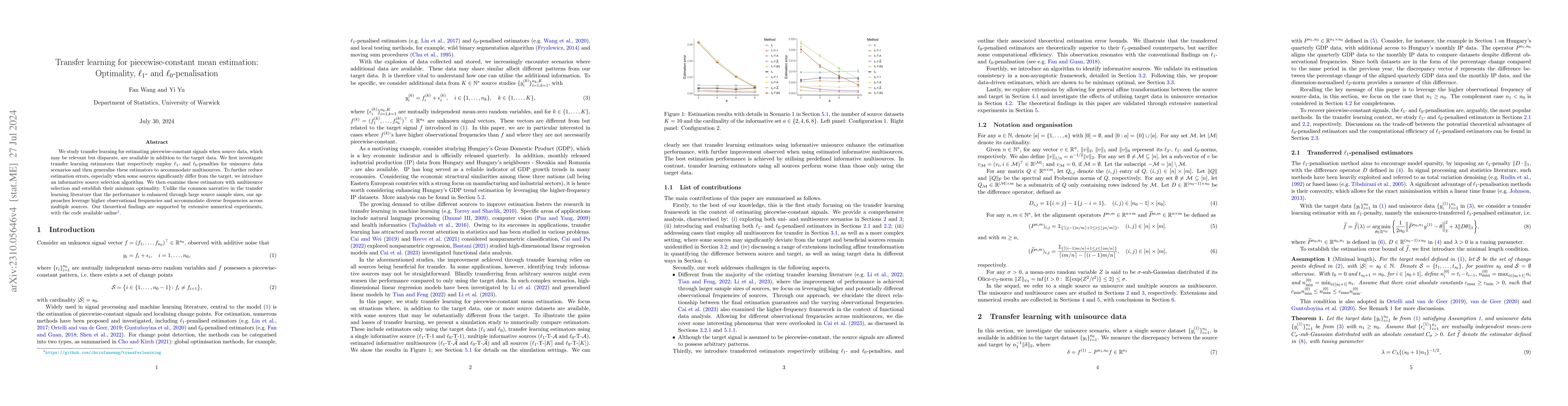 Thumbnail for Transfer learning for piecewise-constant mean estimation: Optimality,
  $\ell_1$- and $\ell_0$-penalisation