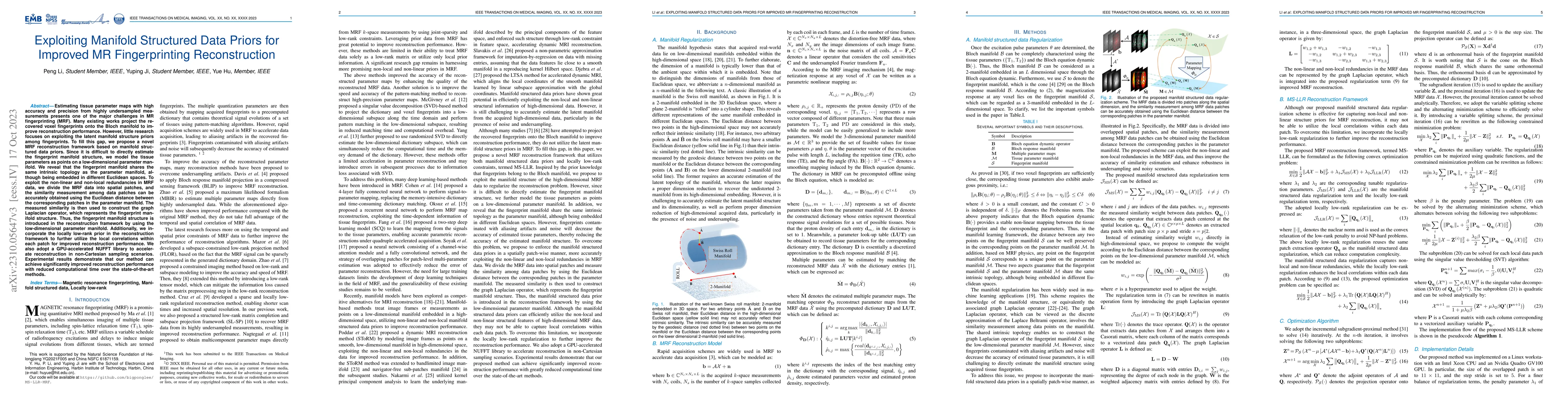 Thumbnail for Exploiting Manifold Structured Data Priors for Improved MR
  Fingerprinting Reconstruction