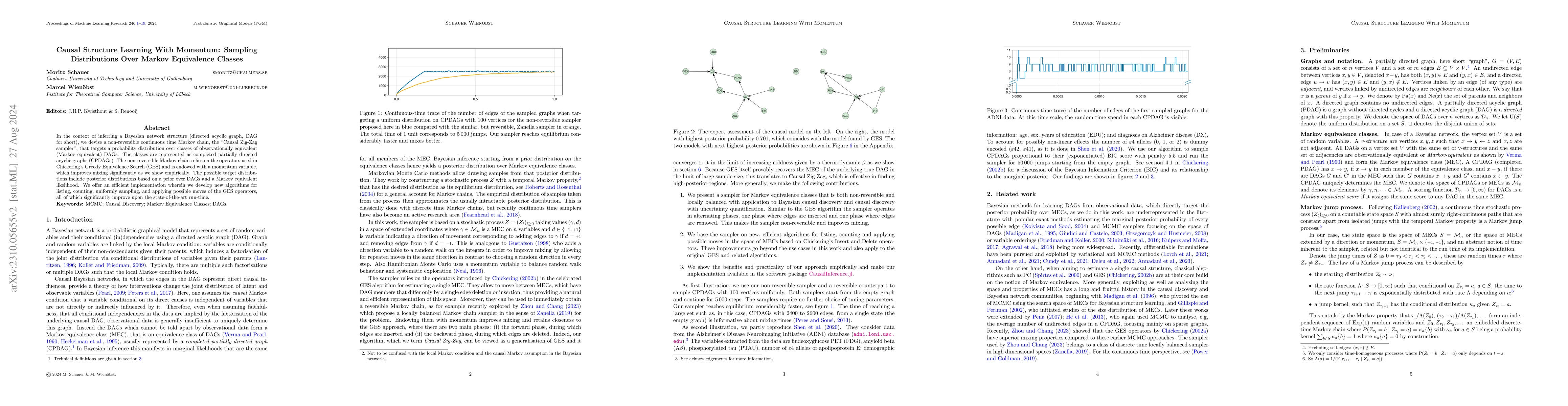 Thumbnail for Causal structure learning with momentum: Sampling distributions over
  Markov Equivalence Classes of DAGs