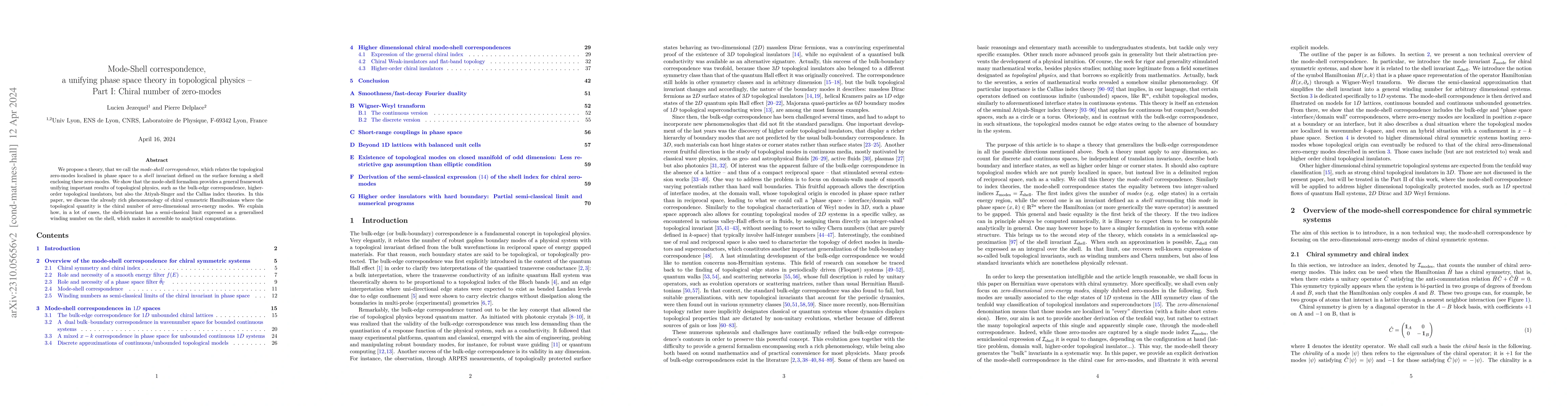 Thumbnail for Mode-Shell correspondence, a unifying phase space theory in topological
  physics -- Part I: Chiral number of zero-modes