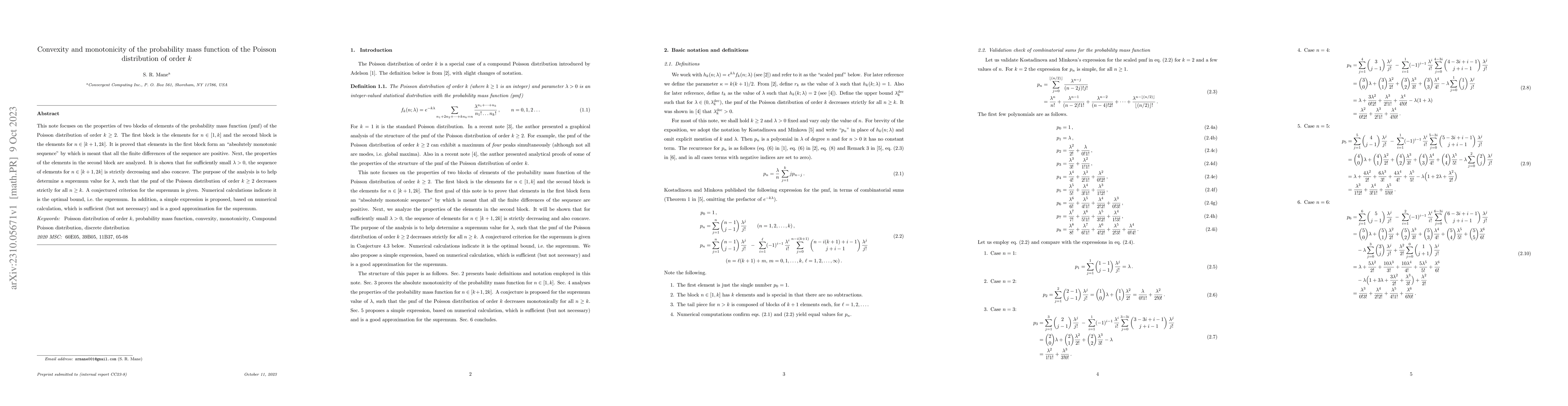 Thumbnail for Convexity and monotonicity of the probability mass function of the
  Poisson distribution of order $k$