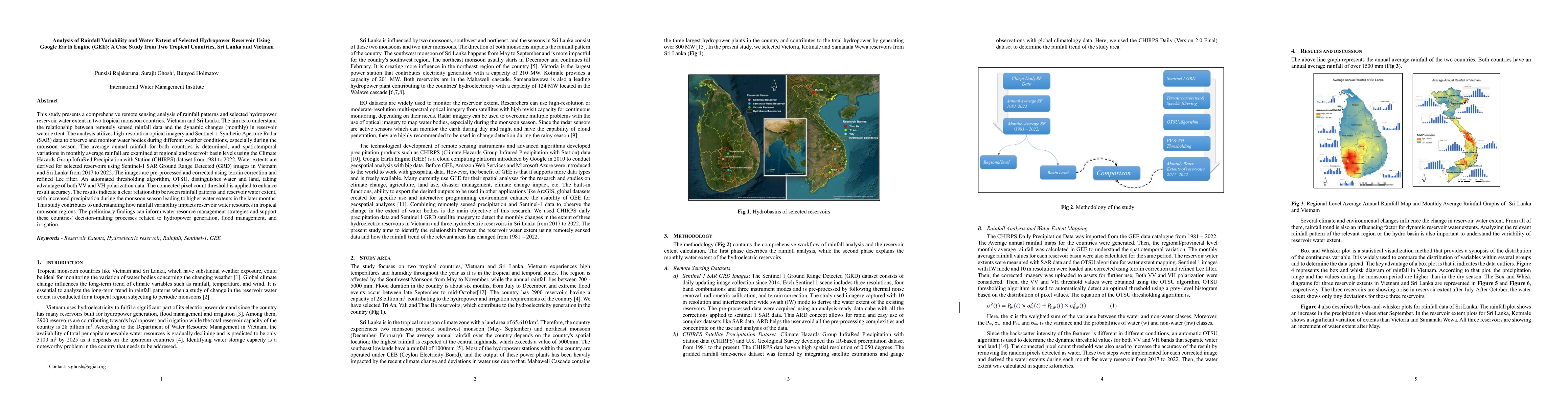 Thumbnail for Analysis of Rainfall Variability and Water Extent of Selected Hydropower
  Reservoir Using Google Earth Engine (GEE): A Case Study from Two Tropical
  Countries, Sri Lanka and Vietnam