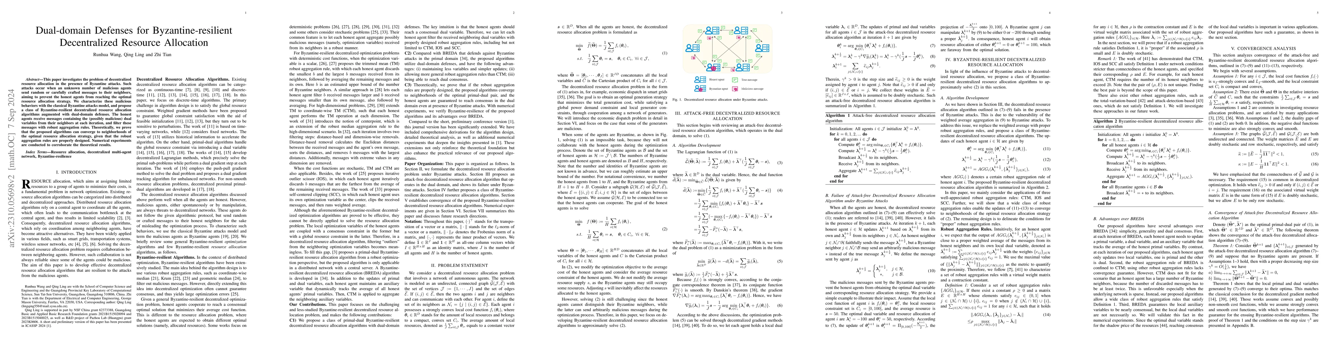 Thumbnail for Dual-domain Defenses for Byzantine-resilient Decentralized Resource
  Allocation