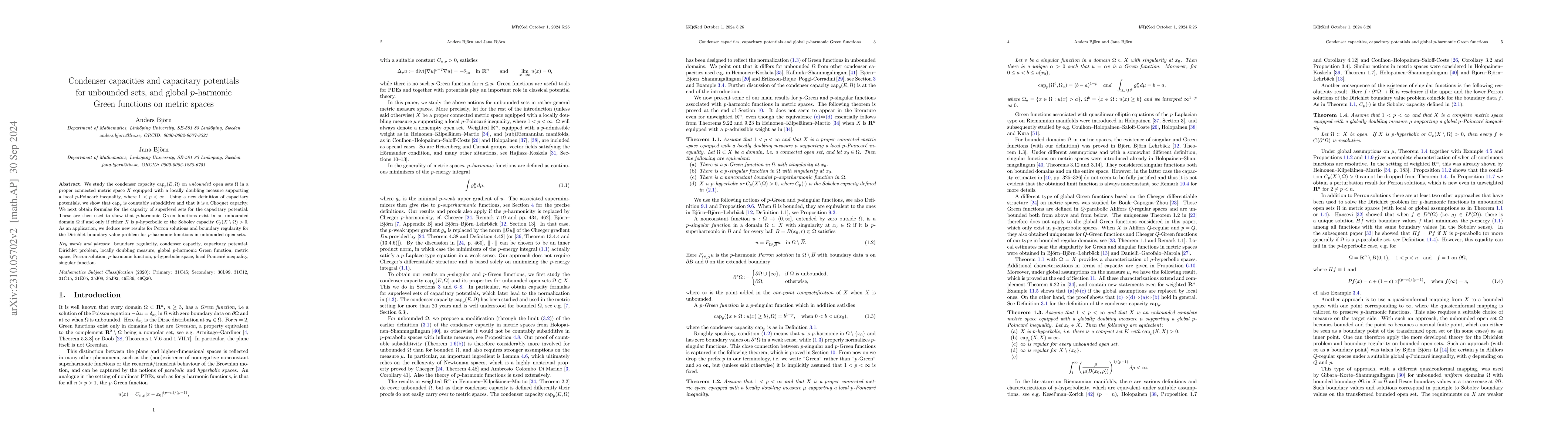 Thumbnail for Condenser capacities and capacitary potentials for unbounded sets, and
  global $p$-harmonic Green functions on metric spaces