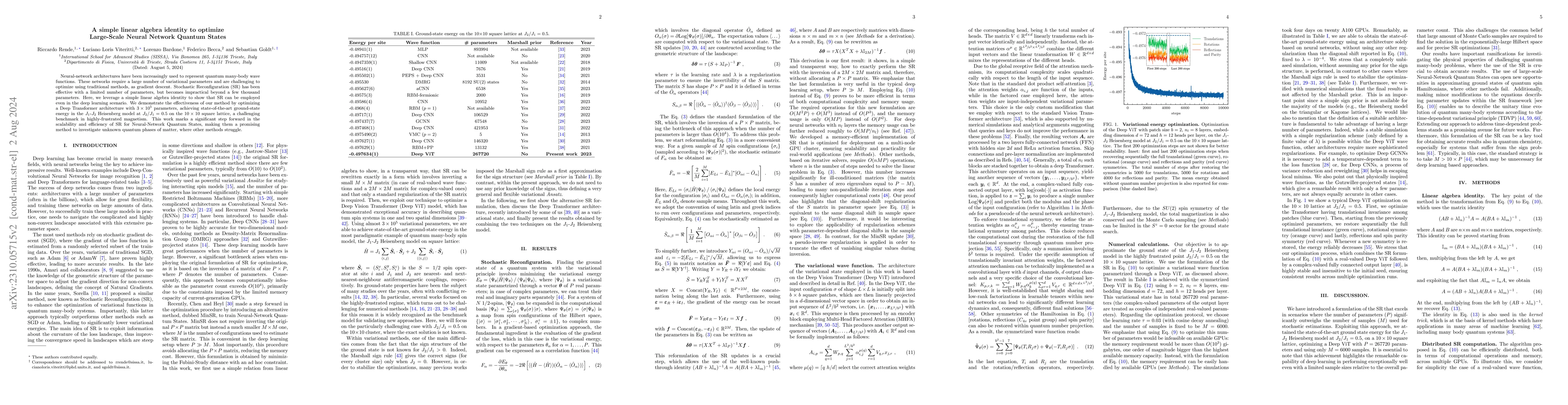 Thumbnail for A simple linear algebra identity to optimize Large-Scale Neural Network
  Quantum States