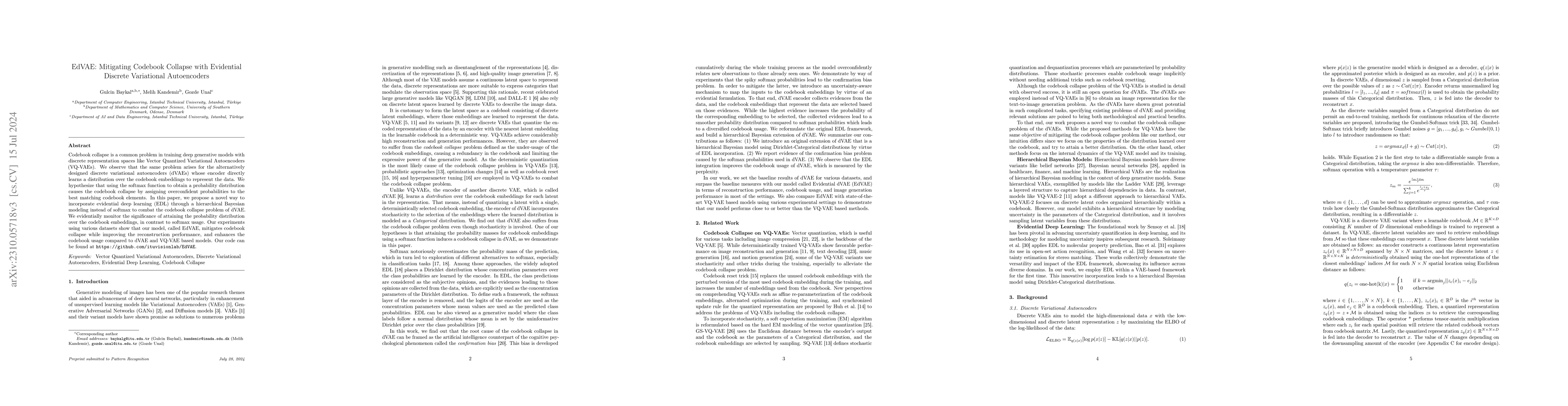 Thumbnail for EdVAE: Mitigating Codebook Collapse with Evidential Discrete Variational
  Autoencoders