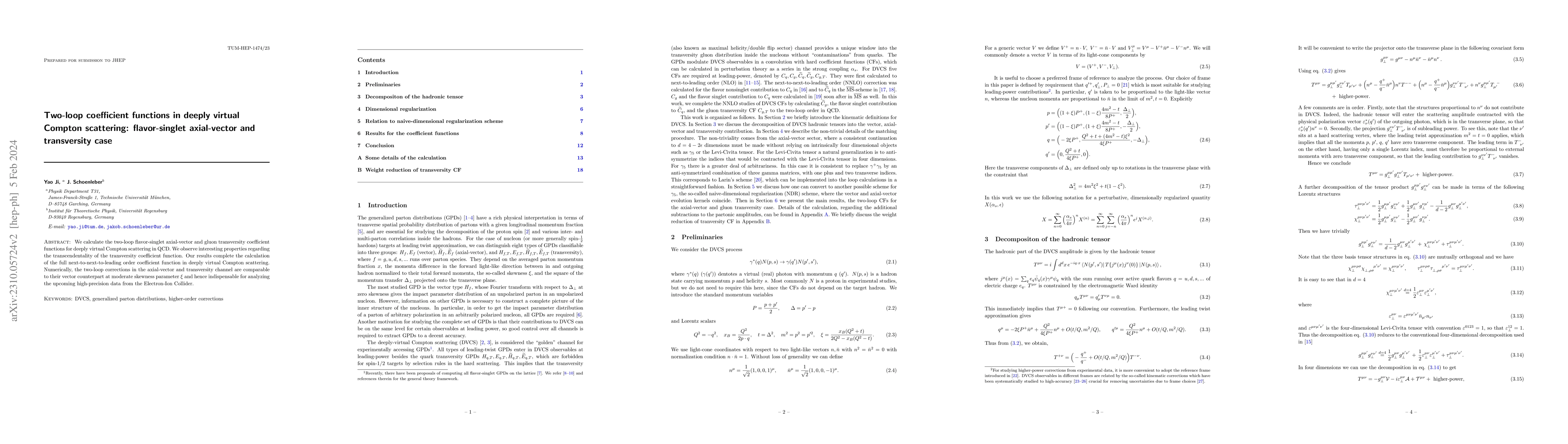 Thumbnail for Two-loop coefficient functions in deeply virtual Compton scattering:
  flavor-singlet axial-vector and transversity case
