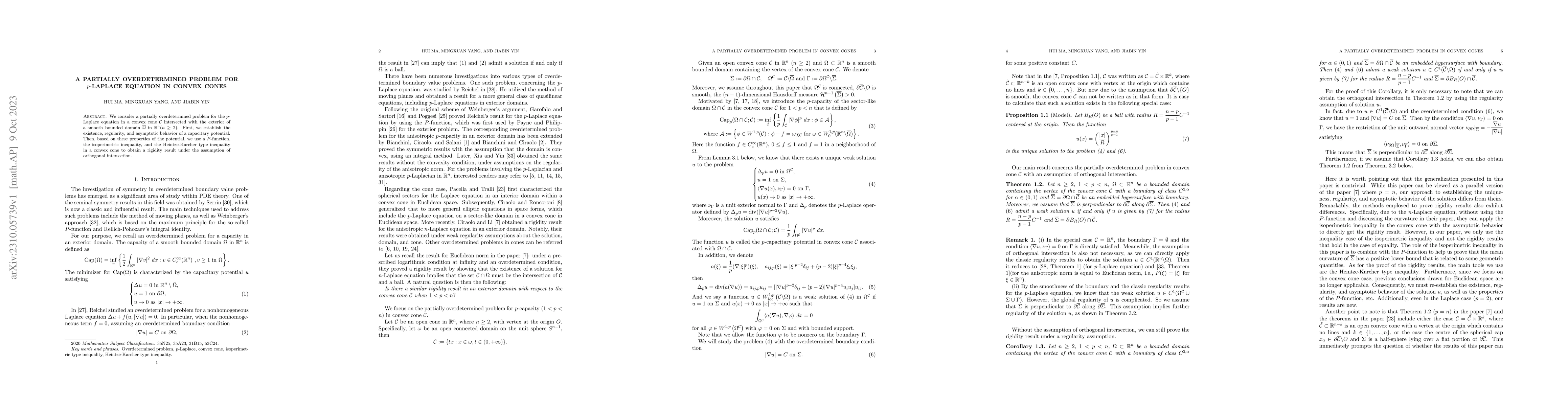Thumbnail for A partially overdetermined problem for $p$-Laplace equation in convex
  cones
