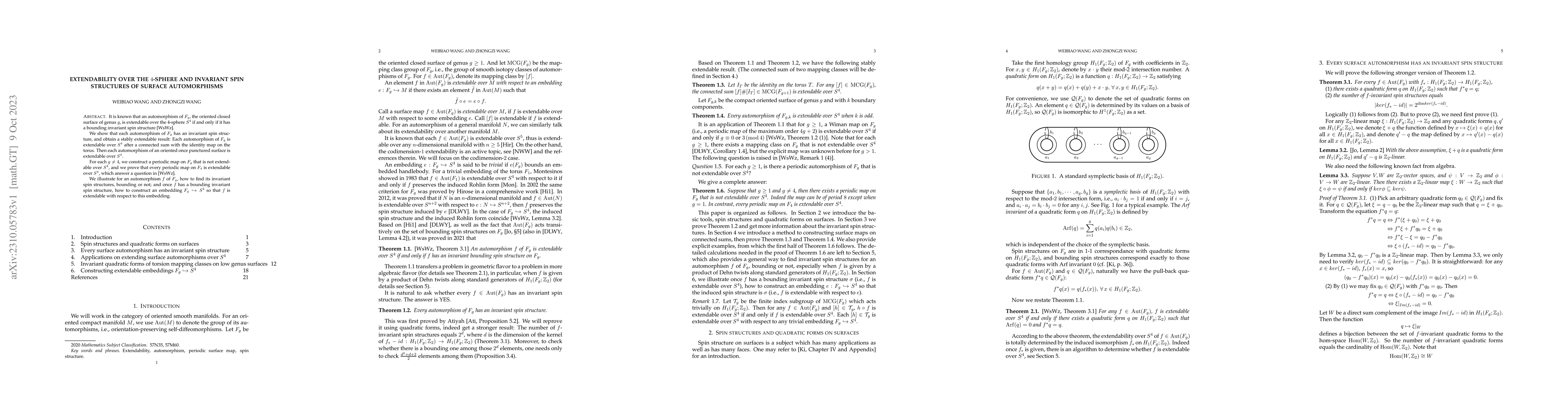 Thumbnail for Extendability over the $4$-sphere and invariant spin structures of
  surface automorphisms