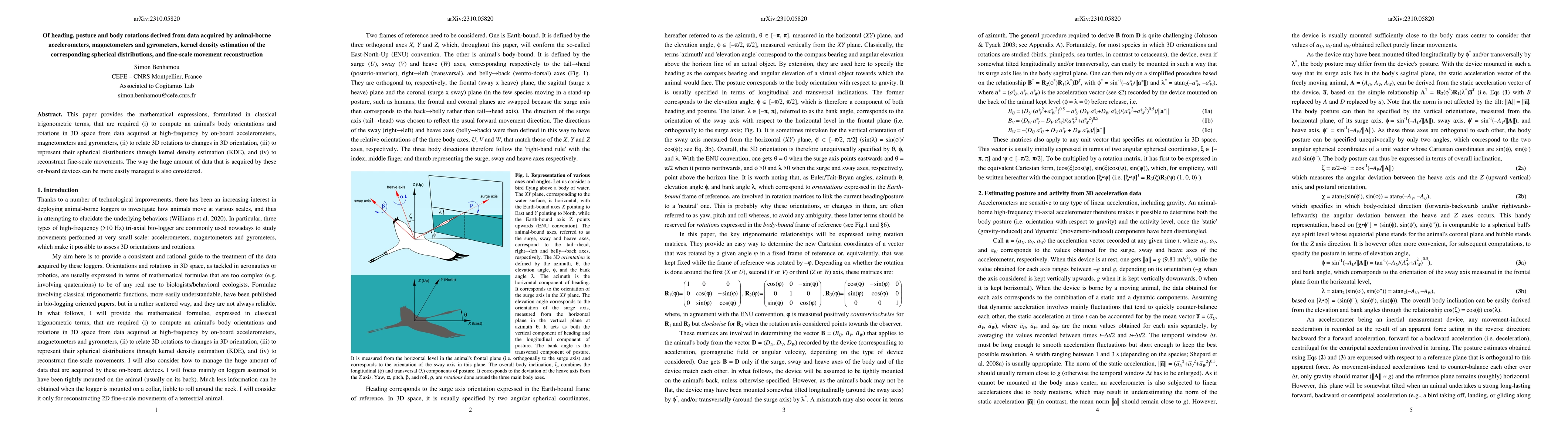 Thumbnail for Of heading, posture and body rotations derived from data acquired by
  animal-borne accelerometers, magnetometers and gyrometers, kernel density
  estimation of the corresponding spherical distributions, and fine-scale
  movement reconstruction