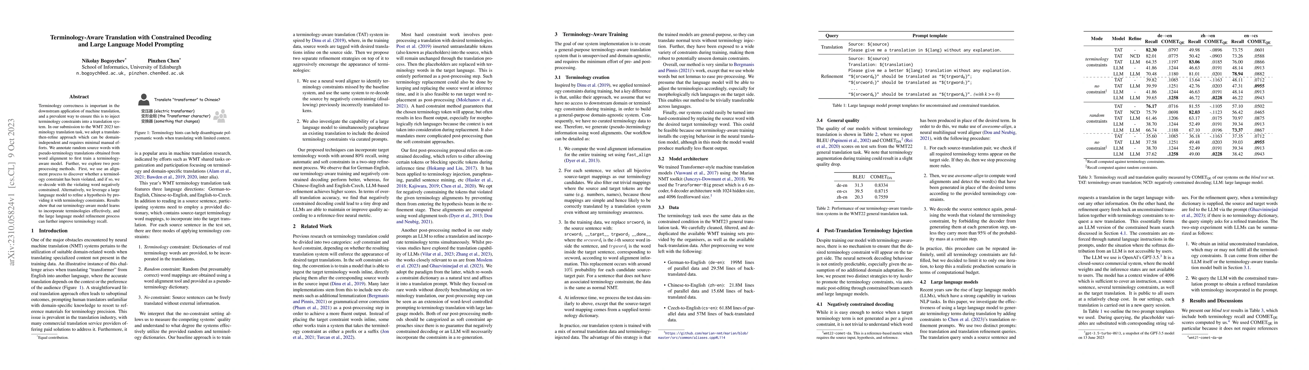 Thumbnail for Terminology-Aware Translation with Constrained Decoding and Large
  Language Model Prompting