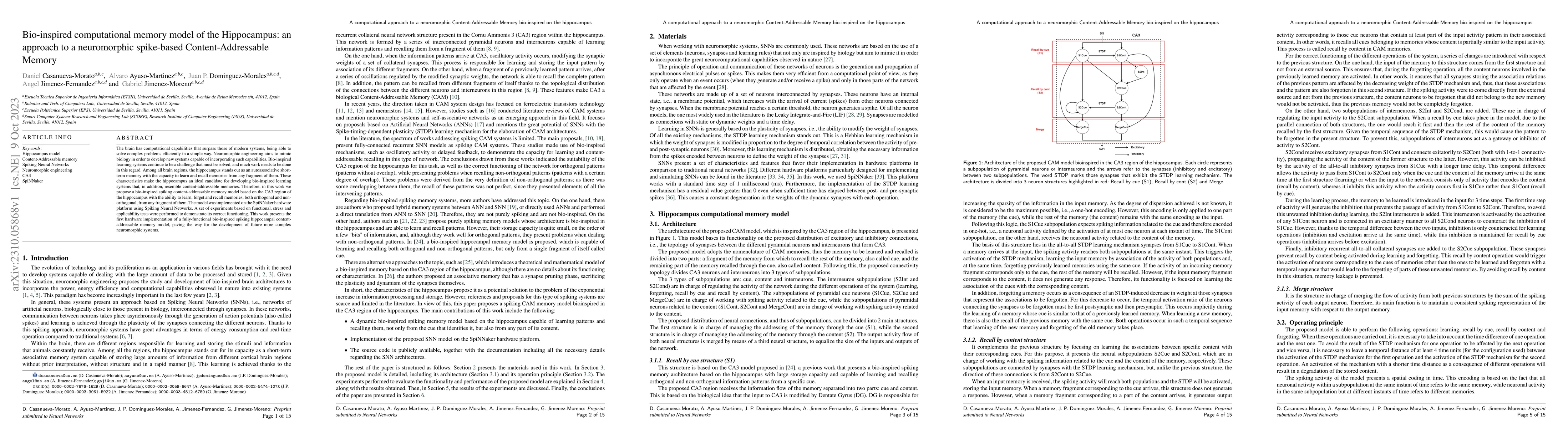 Thumbnail for Bio-inspired computational memory model of the Hippocampus: an approach
  to a neuromorphic spike-based Content-Addressable Memory
