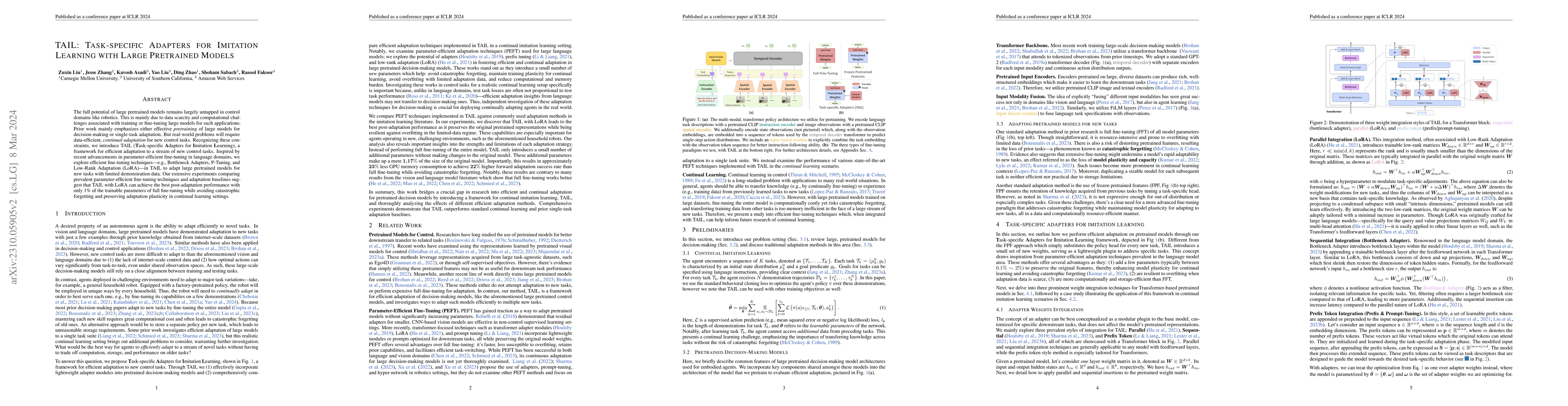 Thumbnail for TAIL: Task-specific Adapters for Imitation Learning with Large
  Pretrained Models