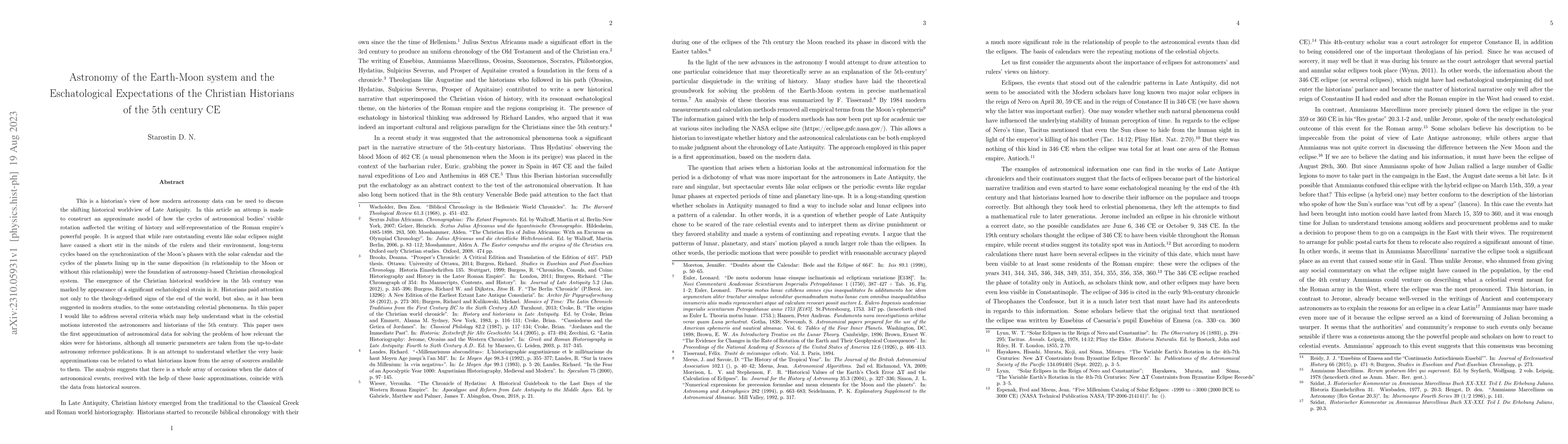 Thumbnail for Astronomy of the Earth-Moon system and the Eschatological Expectations
  of the Christian Historians of the 5th century CE