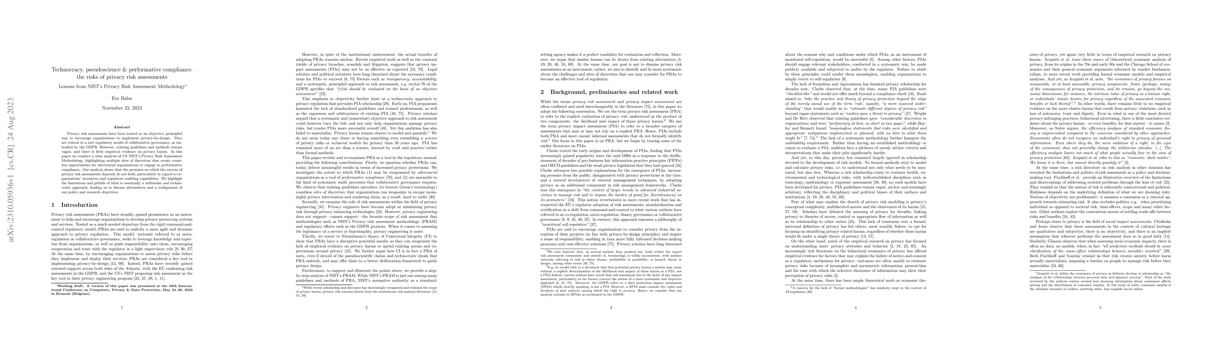 Thumbnail for Technocracy, pseudoscience and performative compliance: the risks of
  privacy risk assessments. Lessons from NIST's Privacy Risk Assessment
  Methodology