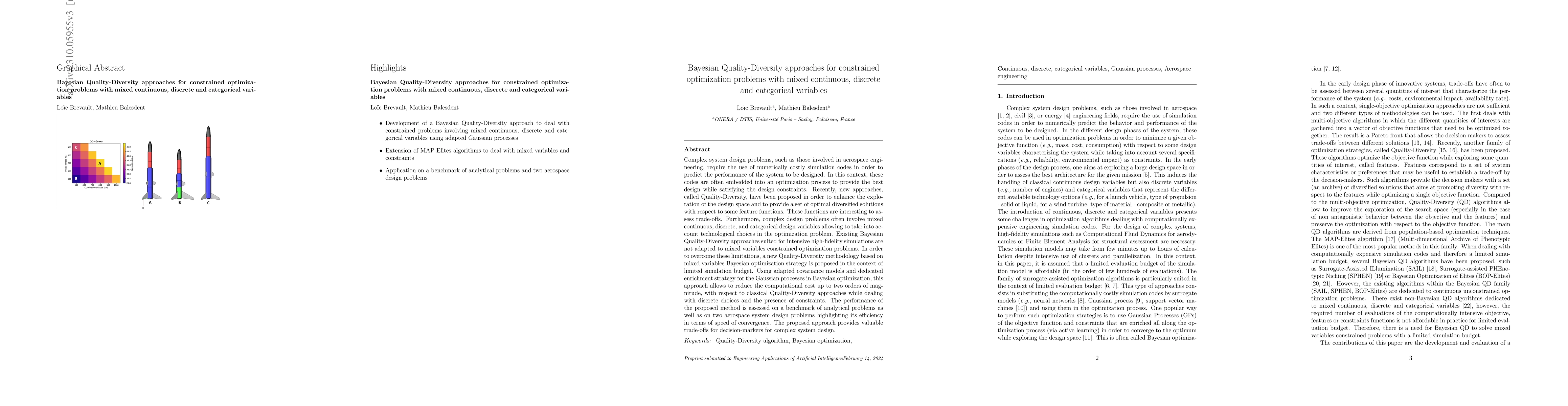 Thumbnail for Bayesian Quality-Diversity approaches for constrained optimization
  problems with mixed continuous, discrete and categorical variables