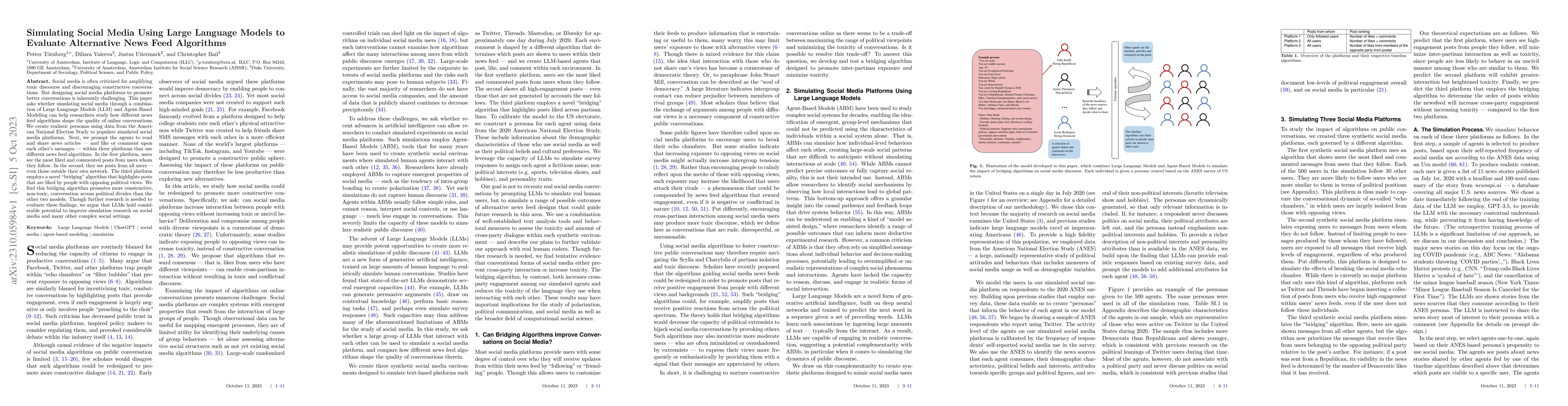 Thumbnail for Simulating Social Media Using Large Language Models to Evaluate
  Alternative News Feed Algorithms