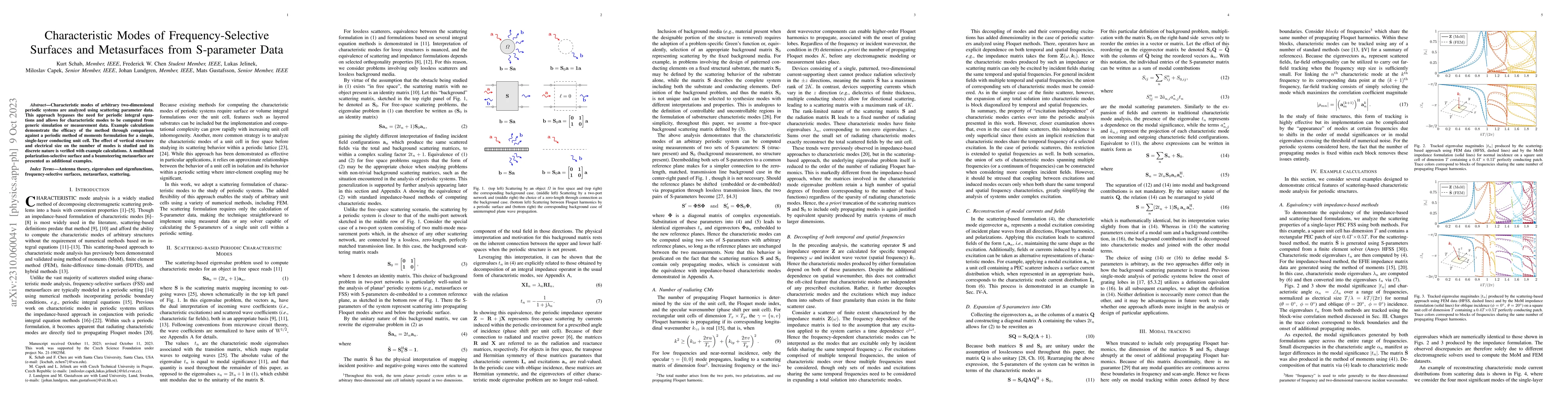 Thumbnail for Characteristic Modes of Frequency-Selective Surfaces and Metasurfaces
  from S-parameter Data