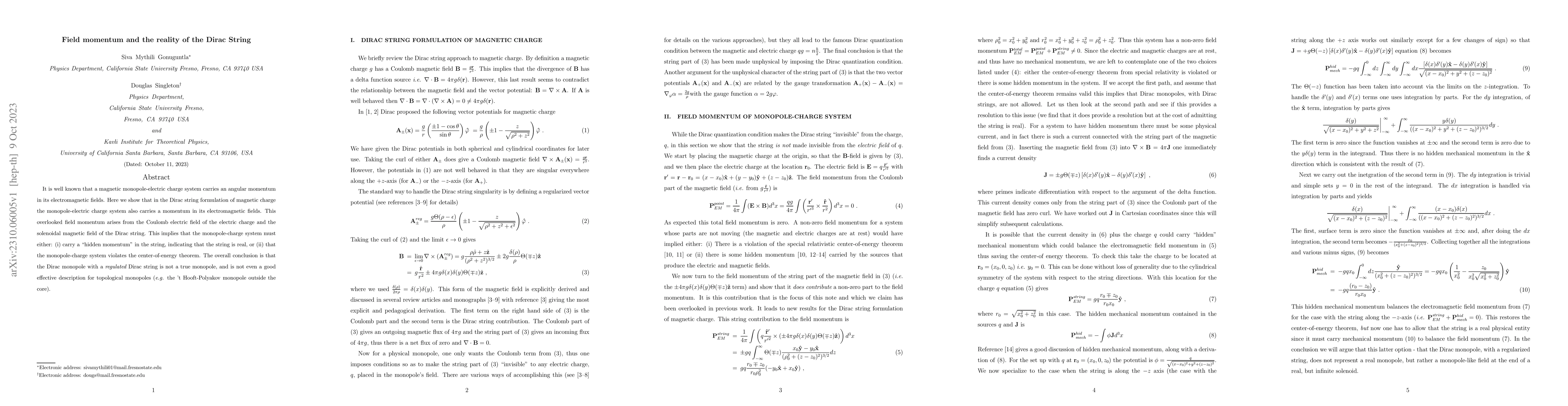 Thumbnail for Field momentum and the reality of the Dirac String