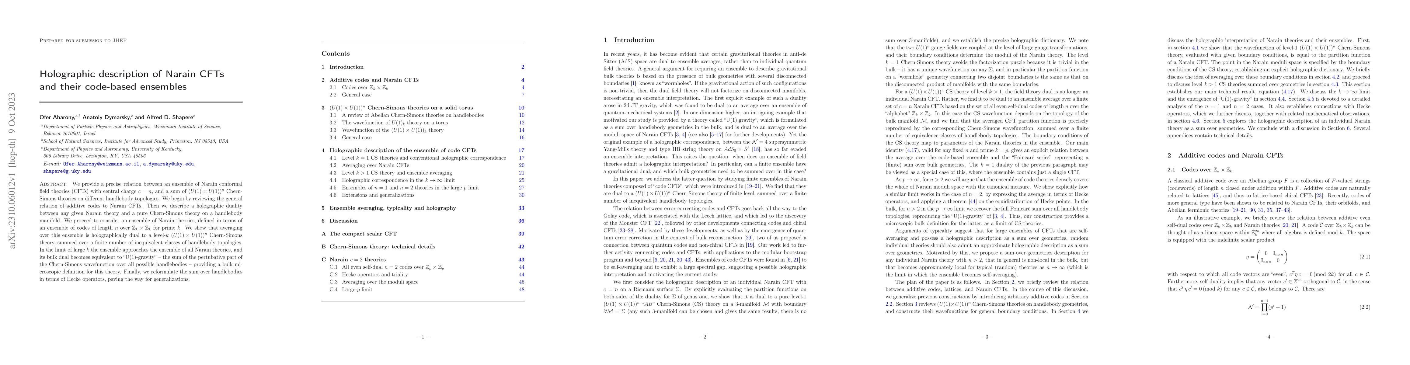 Thumbnail for Holographic description of Narain CFTs and their code-based ensembles