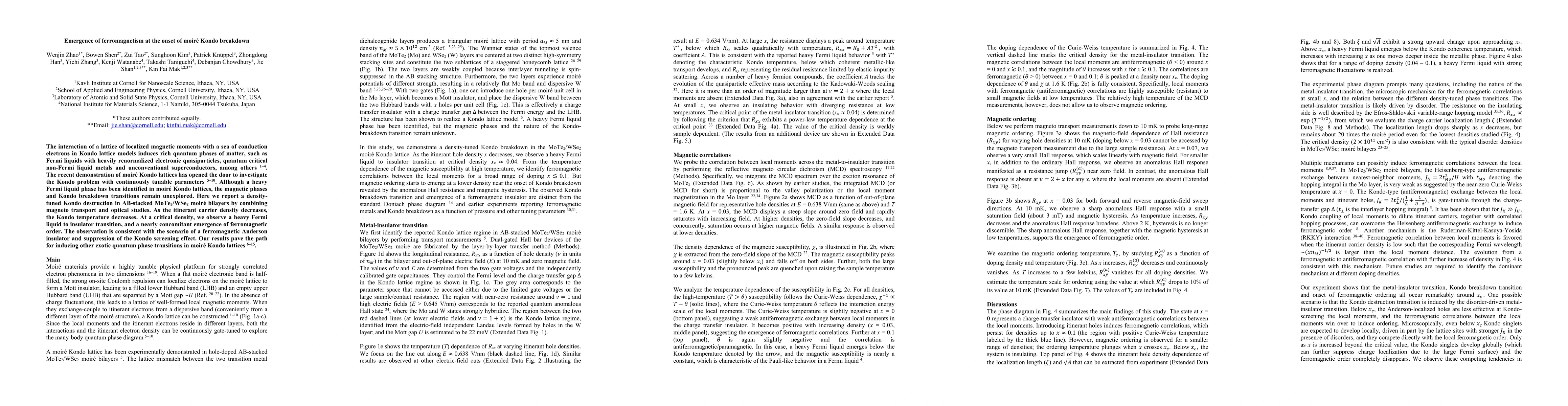 Thumbnail for Emergence of ferromagnetism at the onset of moir\'e Kondo breakdown