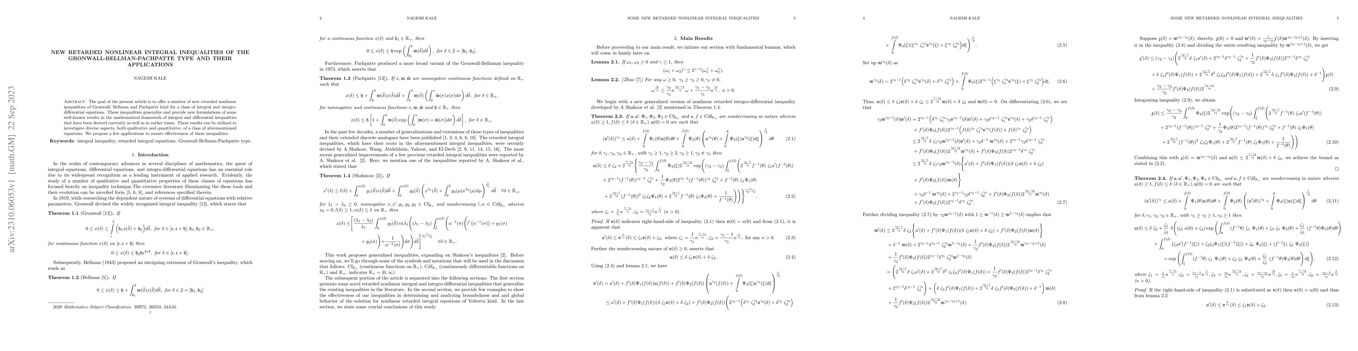 Thumbnail for New Retarded Nonlinear Integral Inequalities of the
  Gronwall-Bellman-Pachpatte Type and Their Applications