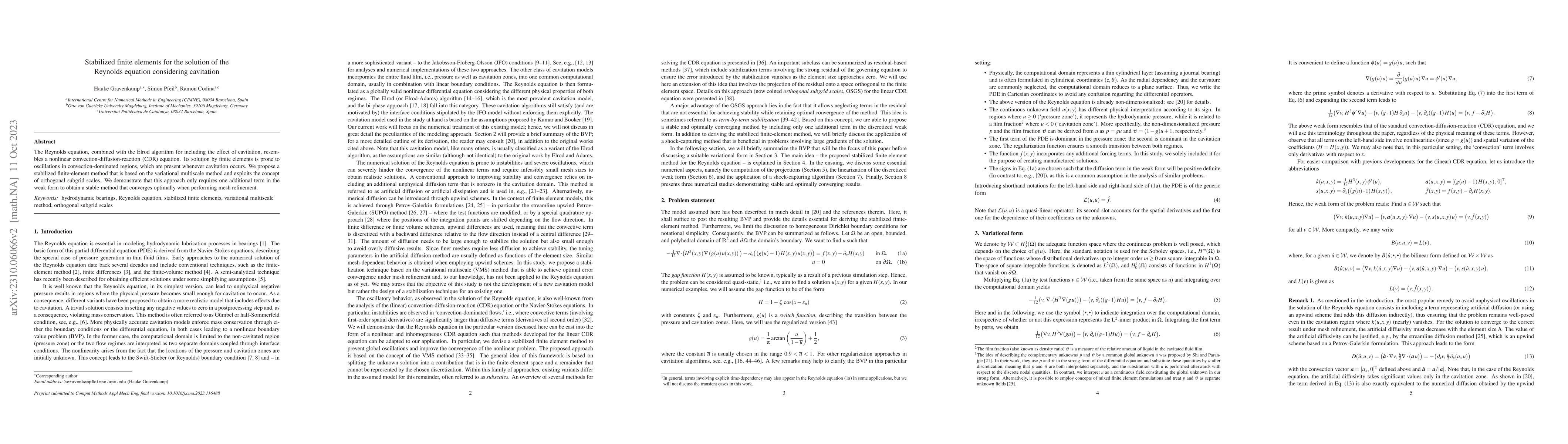 Thumbnail for Stabilized finite elements for the solution of the Reynolds equation
  considering cavitation