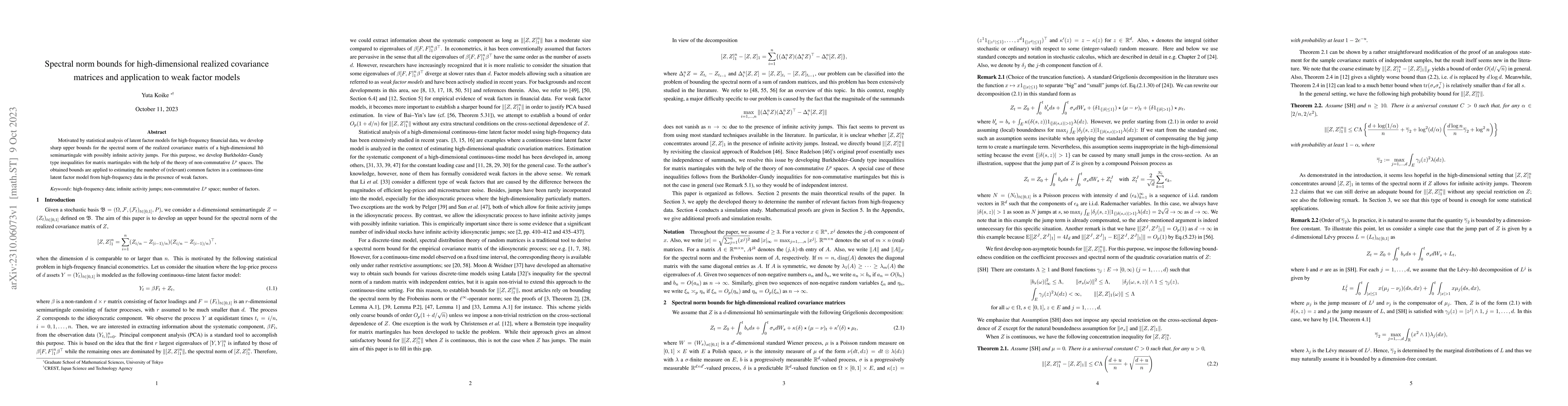 Thumbnail for Spectral norm bounds for high-dimensional realized covariance matrices
  and application to weak factor models