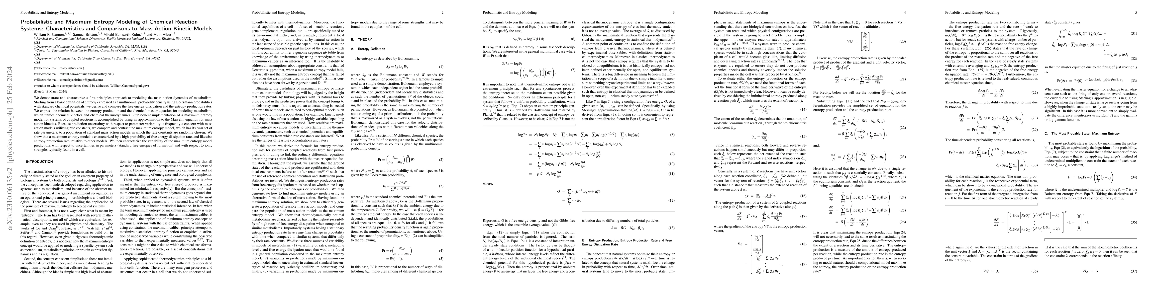 Thumbnail for Probabilistic and Maximum Entropy Modeling of Chemical Reaction Systems:
  Characteristics and Comparisons to Mass Action Kinetic Models