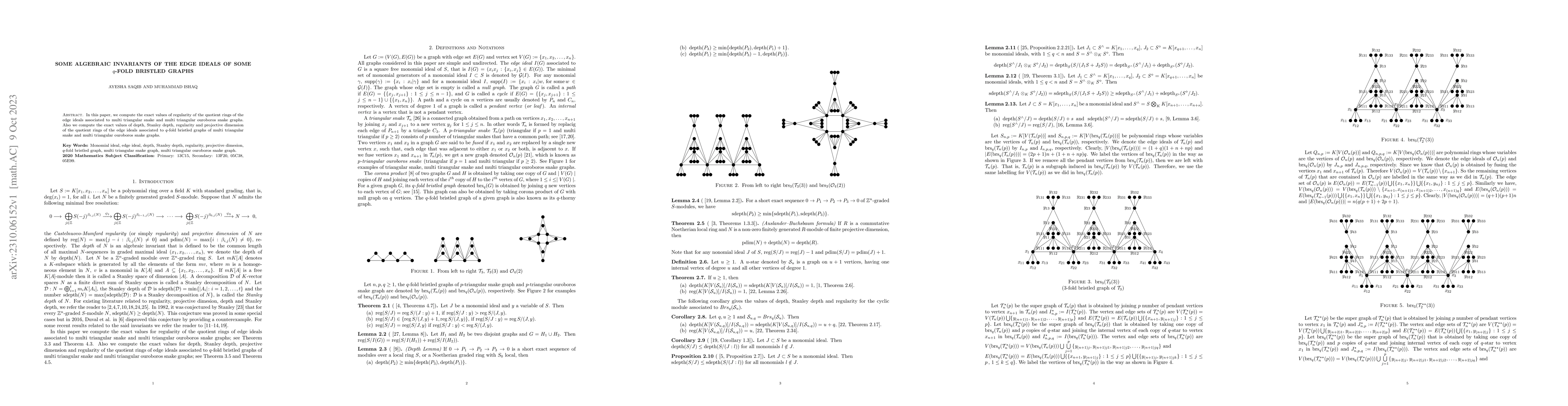 Thumbnail for Some algebraic invariants of the edge ideals of some $q$-fold bristled
  graphs