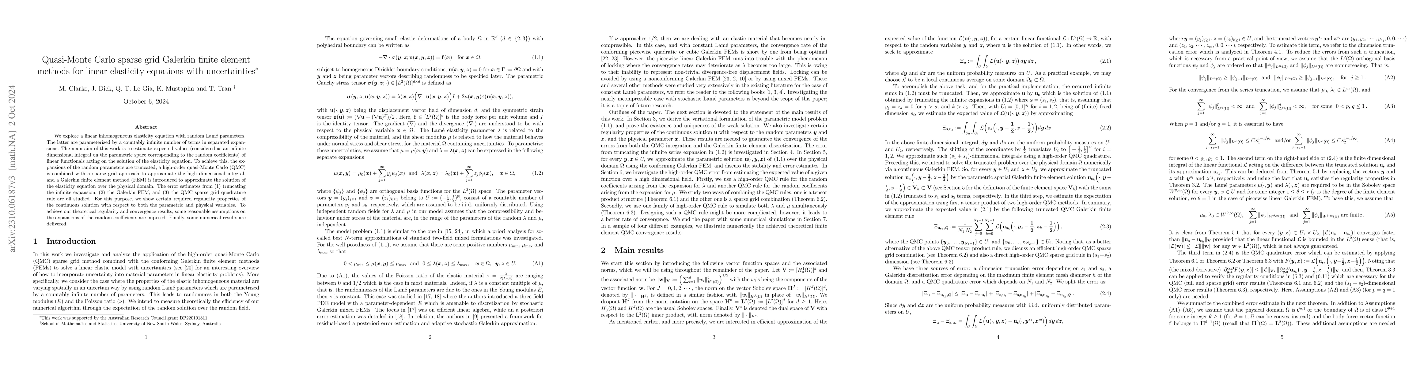 Thumbnail for Quasi-Monte Carlo sparse grid Galerkin finite element methods for linear
  elasticity equations with uncertainties