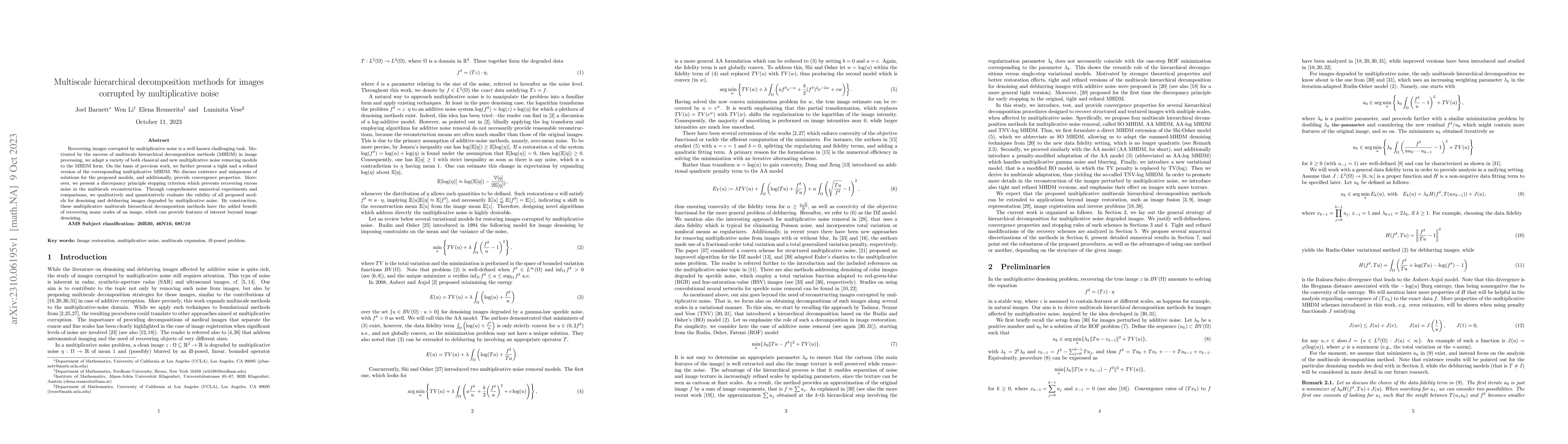 Thumbnail for Multiscale hierarchical decomposition methods for images corrupted by
  multiplicative noise