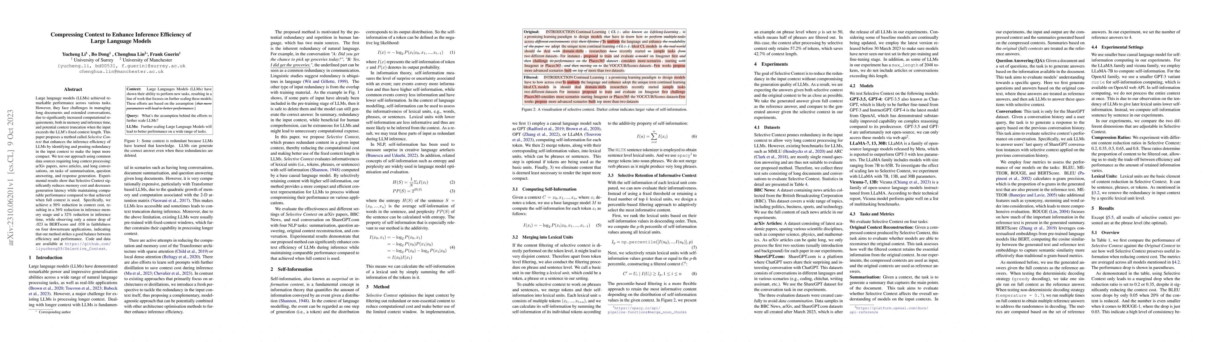 Thumbnail for Compressing Context to Enhance Inference Efficiency of Large Language
  Models