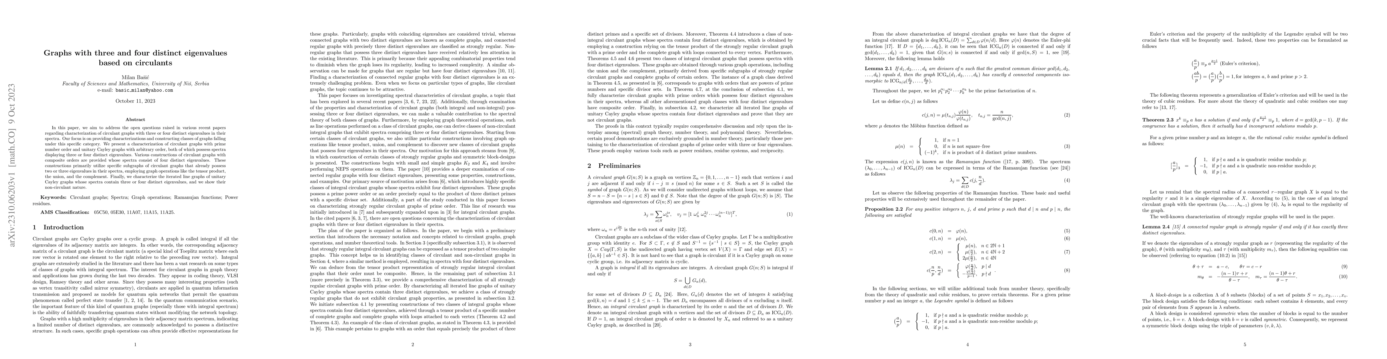 Thumbnail for Graphs with three and four distinct eigenvalues based on circulants