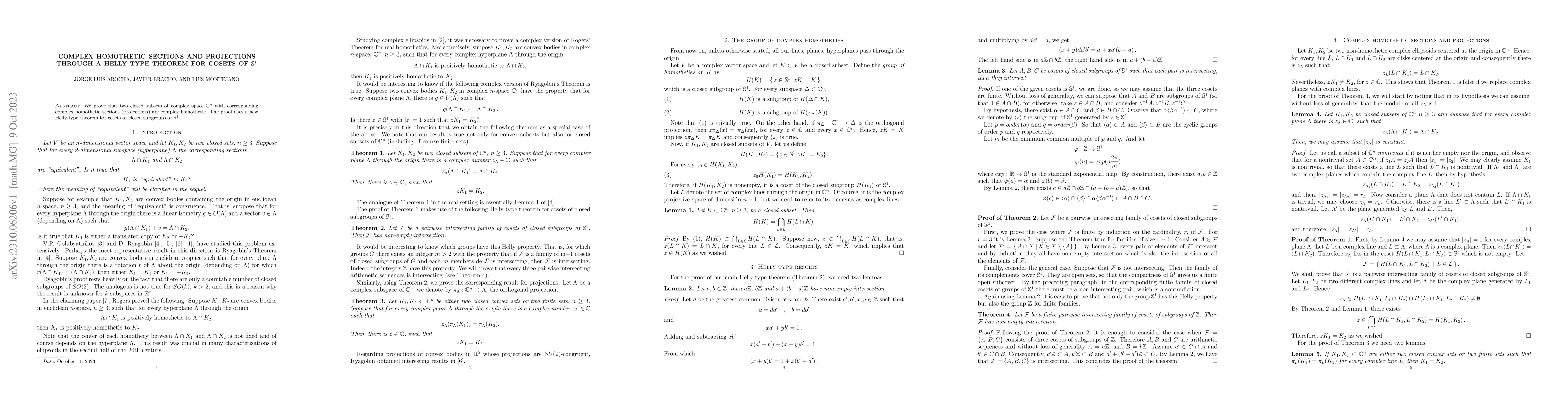 Thumbnail for Complex homothetic sections and projections through a Helly type Theorem
  for cosets of $\S^1$