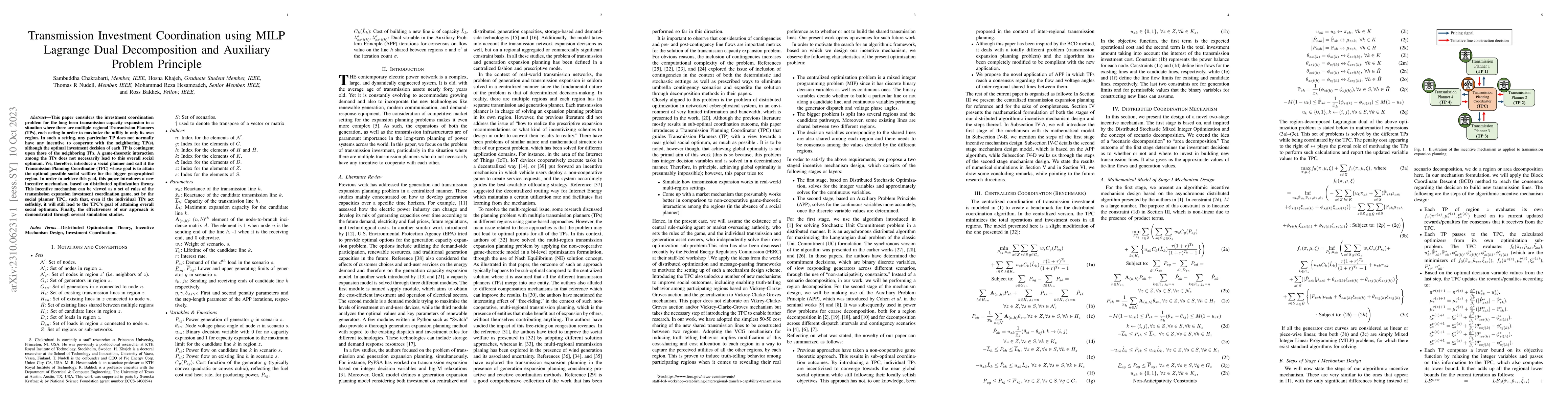 Thumbnail for Transmission Investment Coordination using MILP Lagrange Dual
  Decomposition and Auxiliary Problem Principle