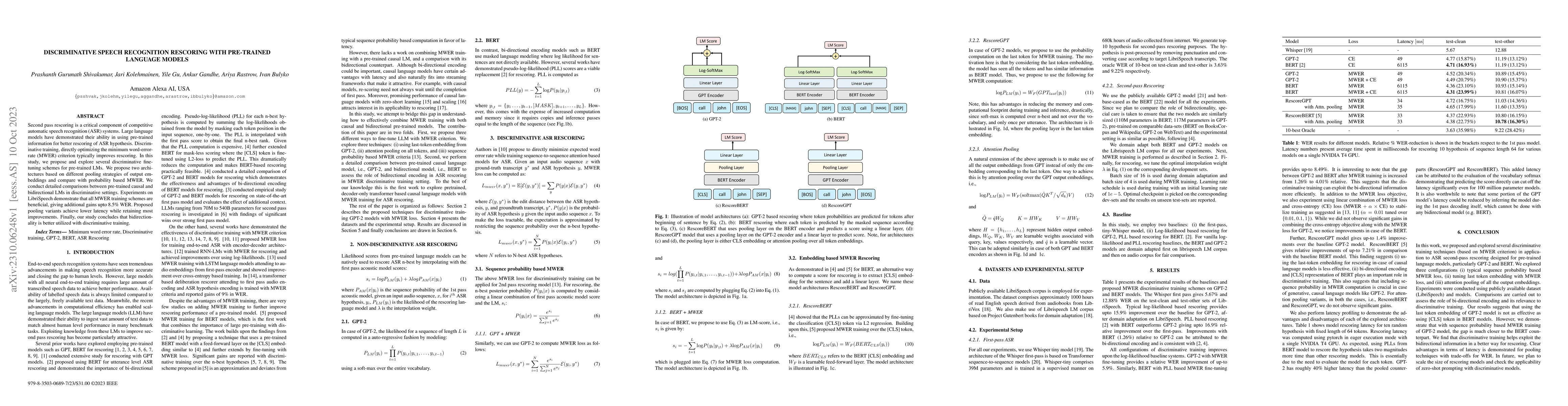 Thumbnail for Discriminative Speech Recognition Rescoring with Pre-trained Language
  Models