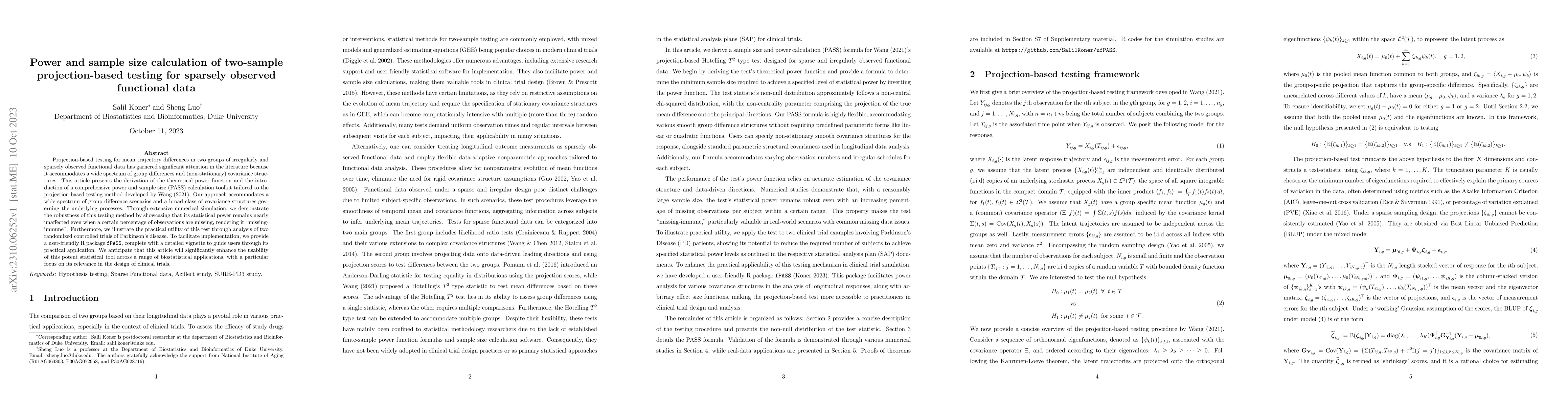 Thumbnail for Power and sample size calculation of two-sample projection-based testing
  for sparsely observed functional data