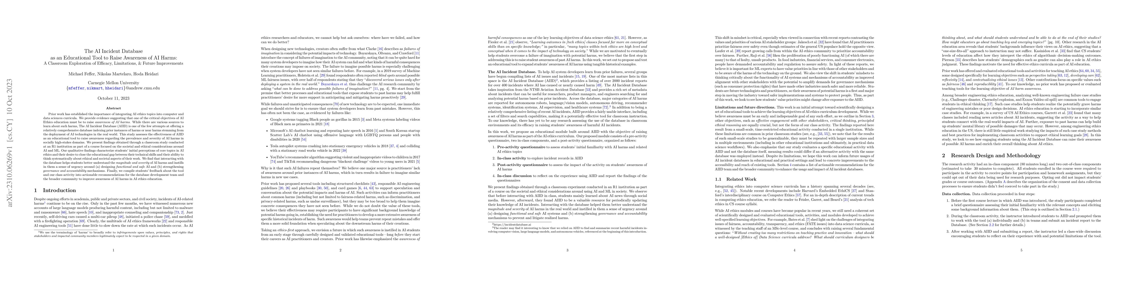 Thumbnail for The AI Incident Database as an Educational Tool to Raise Awareness of AI
  Harms: A Classroom Exploration of Efficacy, Limitations, & Future
  Improvements