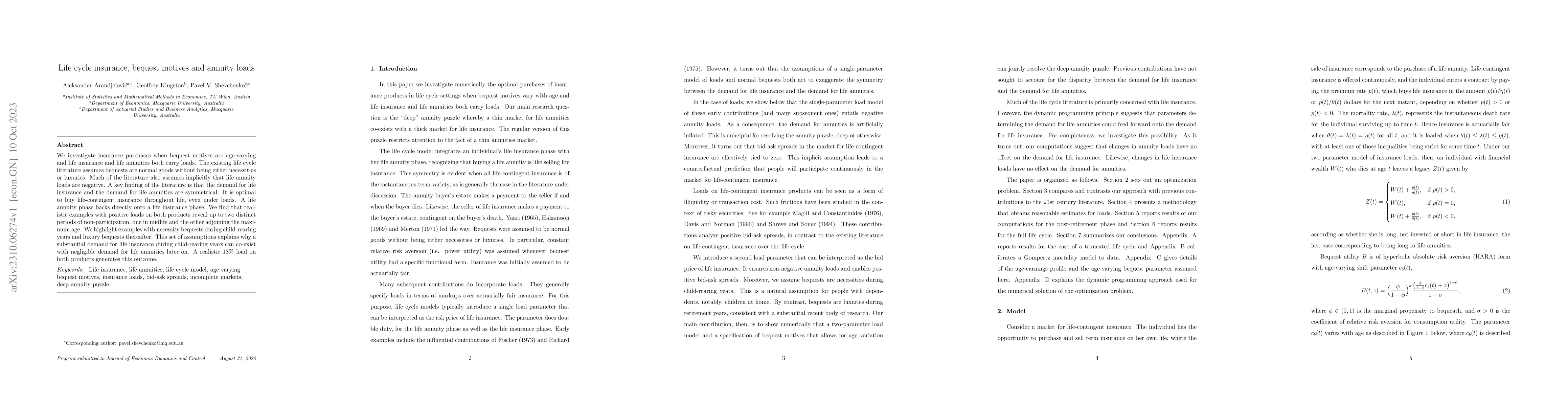 Thumbnail for Life cycle insurance, bequest motives and annuity loads