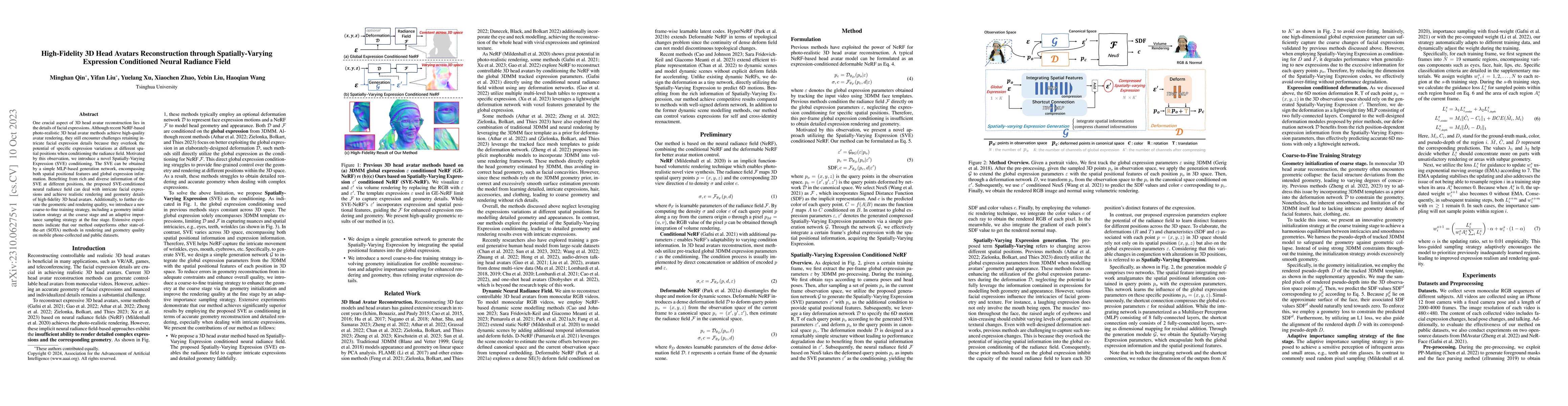 Thumbnail for High-Fidelity 3D Head Avatars Reconstruction through Spatially-Varying
  Expression Conditioned Neural Radiance Field