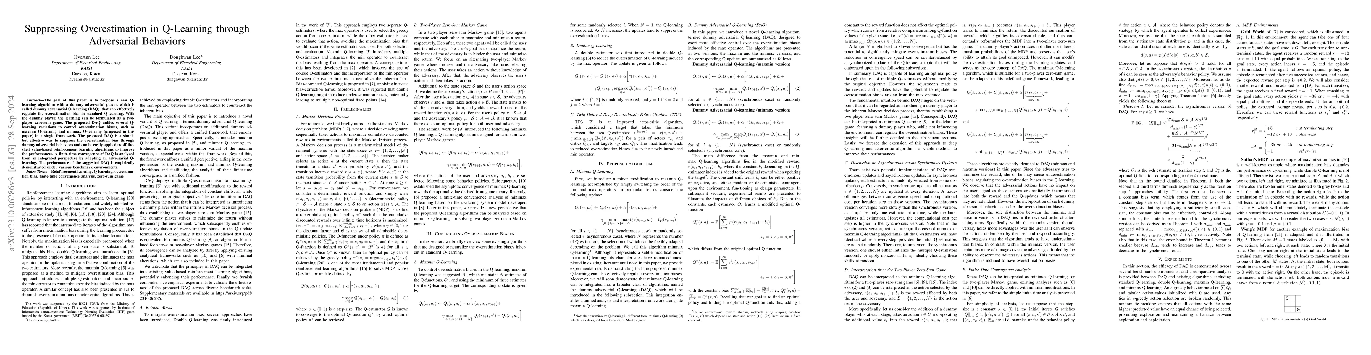 Thumbnail for Suppressing Overestimation in Q-Learning through Adversarial Behaviors