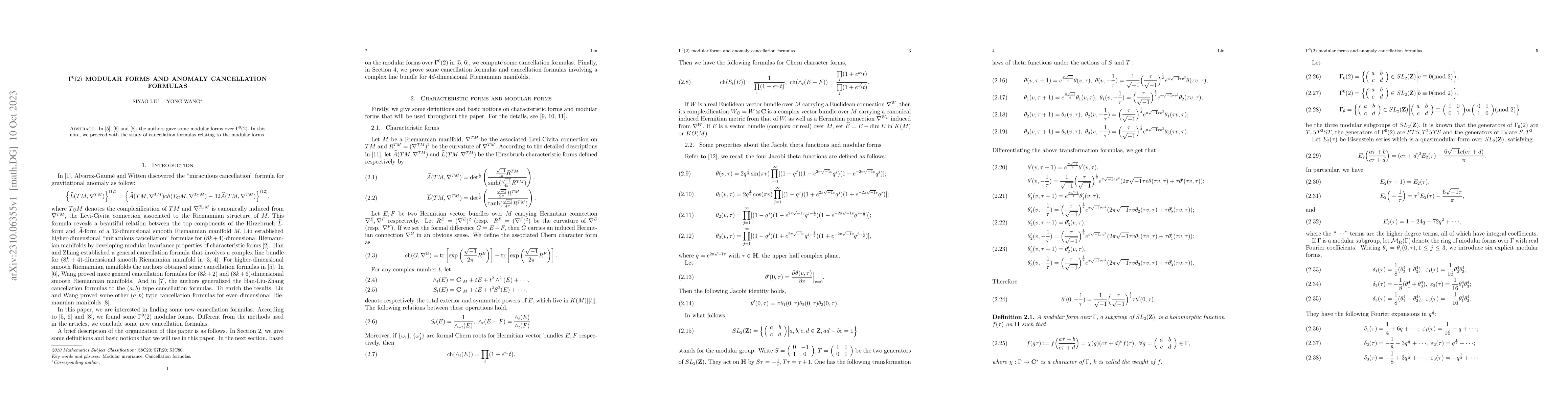 Thumbnail for $\Gamma^{0}(2)$ modular forms and anomaly cancellation formulas