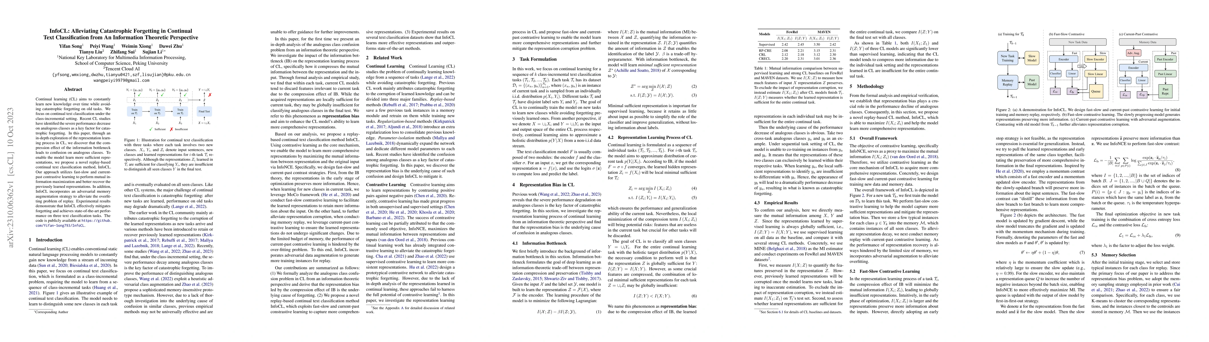 Thumbnail for InfoCL: Alleviating Catastrophic Forgetting in Continual Text
  Classification from An Information Theoretic Perspective