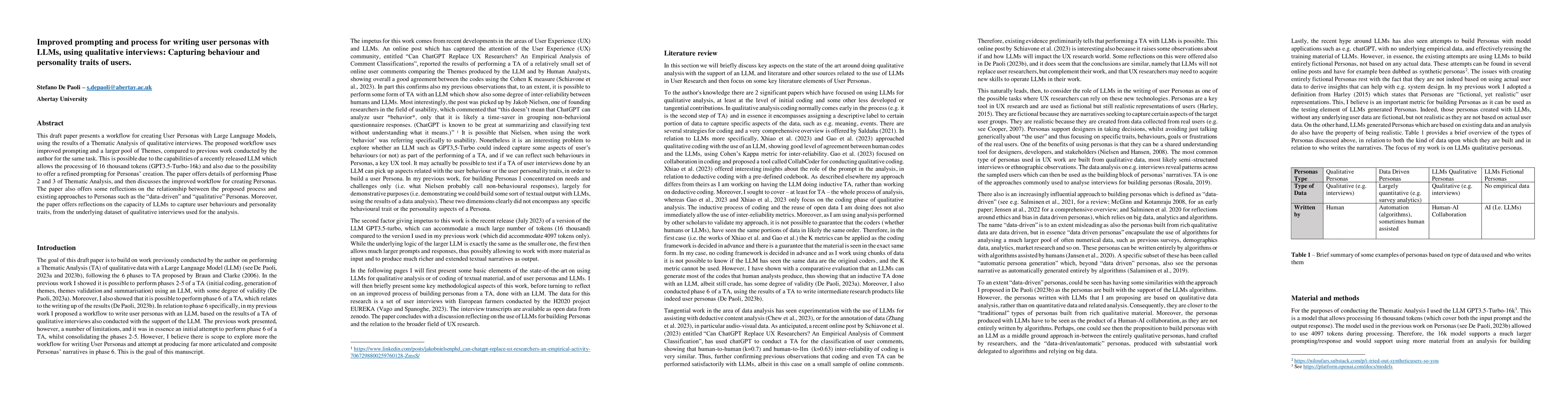 Thumbnail for Improved prompting and process for writing user personas with LLMs,
  using qualitative interviews: Capturing behaviour and personality traits of
  users