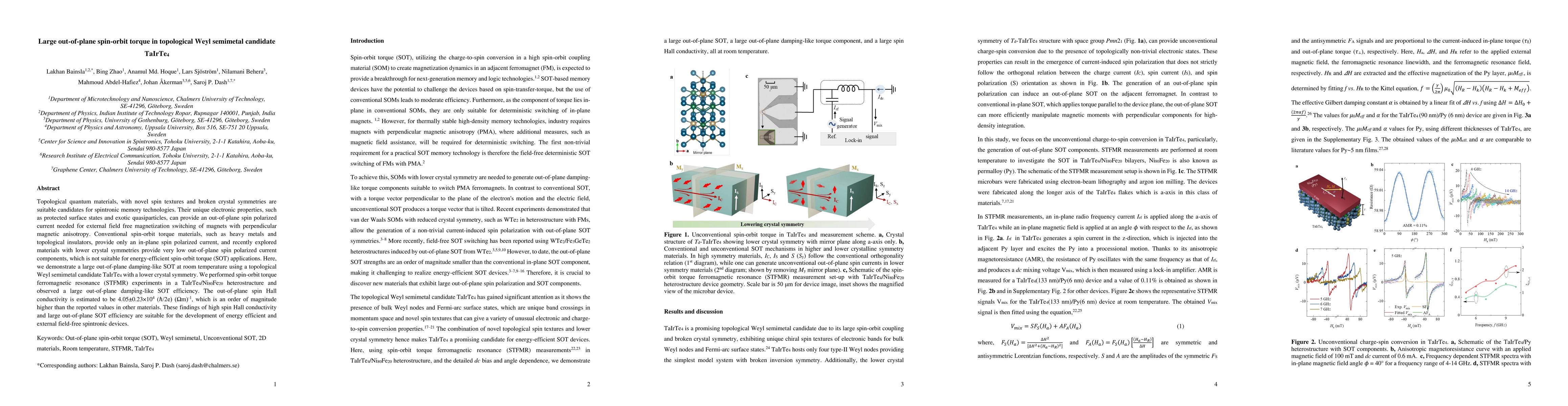 Thumbnail for Large out-of-plane spin-orbit torque in topological Weyl semimetal
  candidate TaIrTe4